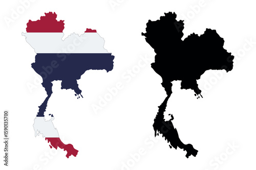 Map of thailand filled with its national flag and a black silhouette outline