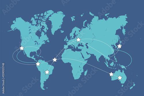 World map illustration featuring connected global locations, highlighting international network connectivity and worldwide connections.