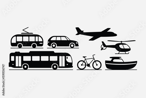 Different modes of transport are depicted in black silhouette including air, water, and land vehicles against a neutral background.