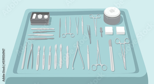 Surgical instruments neatly arranged on a light teal tray, ready for use.