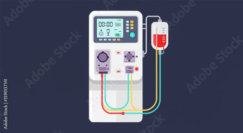 Medical dialysis machine with blood bag, showing complex connections.