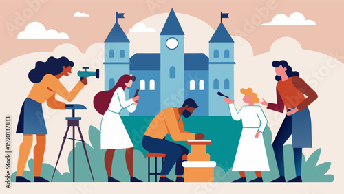 A team of conservationists using microscopes and specialized tools to repair and preserve delicate tapestries in a historic castle ensuring their. Vector illustration