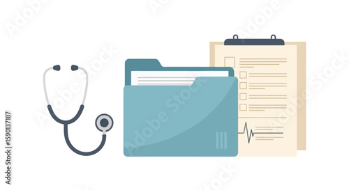 Illustration of a stethoscope, folder, and clipboard representing medical records.