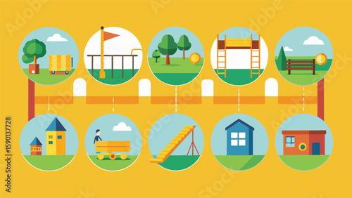 A sequence of frames showing the construction of the schools playground and outdoor recreational areas.. Vector illustration