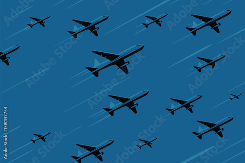 Airplanes soar through a blue sky, their jet streams visible in this modern aviation pattern representing flight and travel.