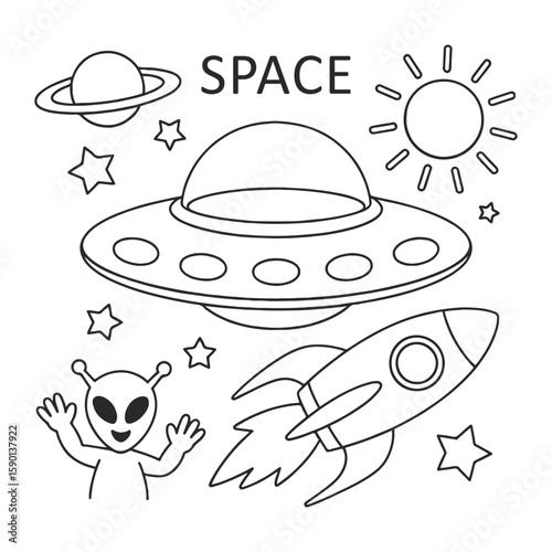 Hand-drawn space pattern design,  Astronaut in Outer Space, Elements of stories about space or an astronaut 
