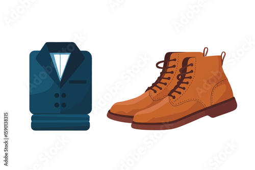 Fashionable suit jacket and a pair of stylish leather boots, accessories for business or casual attire concept