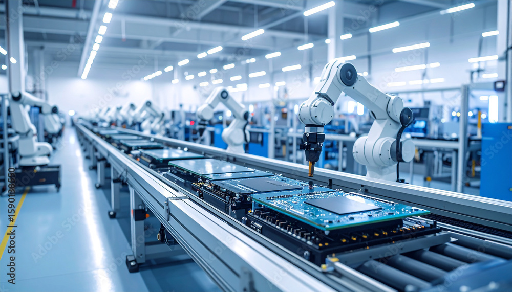 Naklejka premium Modern Automation in a High-Tech Factory: A state-of-the-art automated production line with robotic arms in a modern industrial setting, showcasing advanced technology and efficiency.