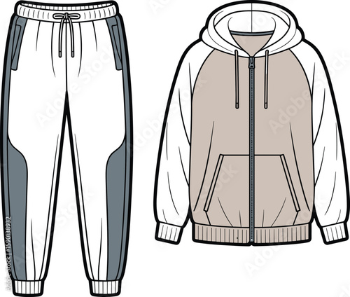 Minimalist Line Drawing of a Hoodie and Jogger Pants Set, Featuring Colorblock Detail and Front-Zip Design
