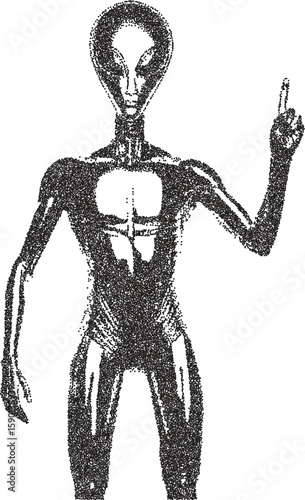 Alien retro y2k stipple design ufo halftone brutalist urban vector png with clear background, extraterrestrial 2000s photocopy grunge tattoo gen z effect