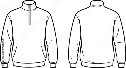 Minimalist Line Drawing of a Long-Sleeve Zip-Up Sweatshirt, Front and Back View