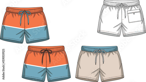 Flat Sketch Template for Apparel, Beachwear, and Resort Collections with Color Blocks, Drawstring Waist, and Pocket Details