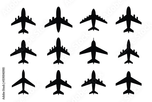 Airplane silhouettes soar in formation, a graphic illustration of aviation and travel featuring jet airplane concepts on a clean background.