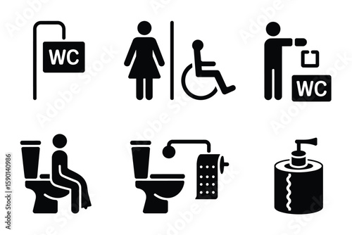 Restroom black pictograms showcase public toilet, gender, accessibility and sanitary facilities with clear signage