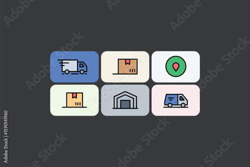 Delivery service elements illustrate shipping, transportation, logistics, and warehousing efficiently on a dark background.
