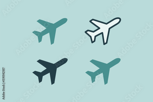 Airplane icons in shades of blue are ready for air travel, representing transportation and flight symbol designs.