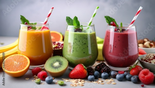 Wallpaper Mural glasses of various smoothies with straws for healthy dieting breakfast vibrant smoothie bowls adorned with assorted toppings assorted fruits prepared for smoothie healthy for our organism Torontodigital.ca