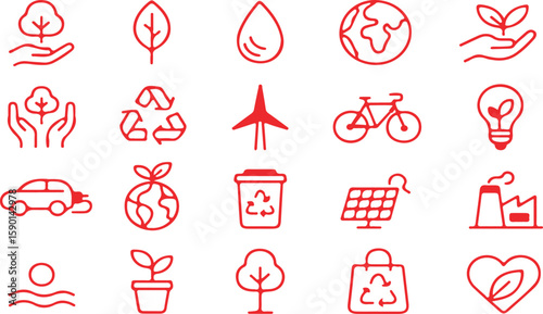 Red outlined icons depicting environmentally friendly actions and sustainable development concepts