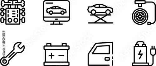 A collection of eight car repair and maintenance icons displayed in a neat and organized manner
