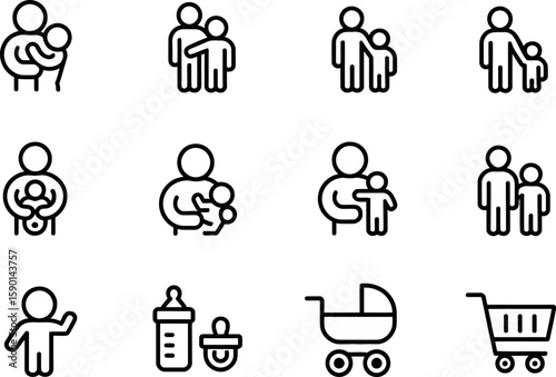 A collection of black and white line art icons depicting family, parenting, and baby related items