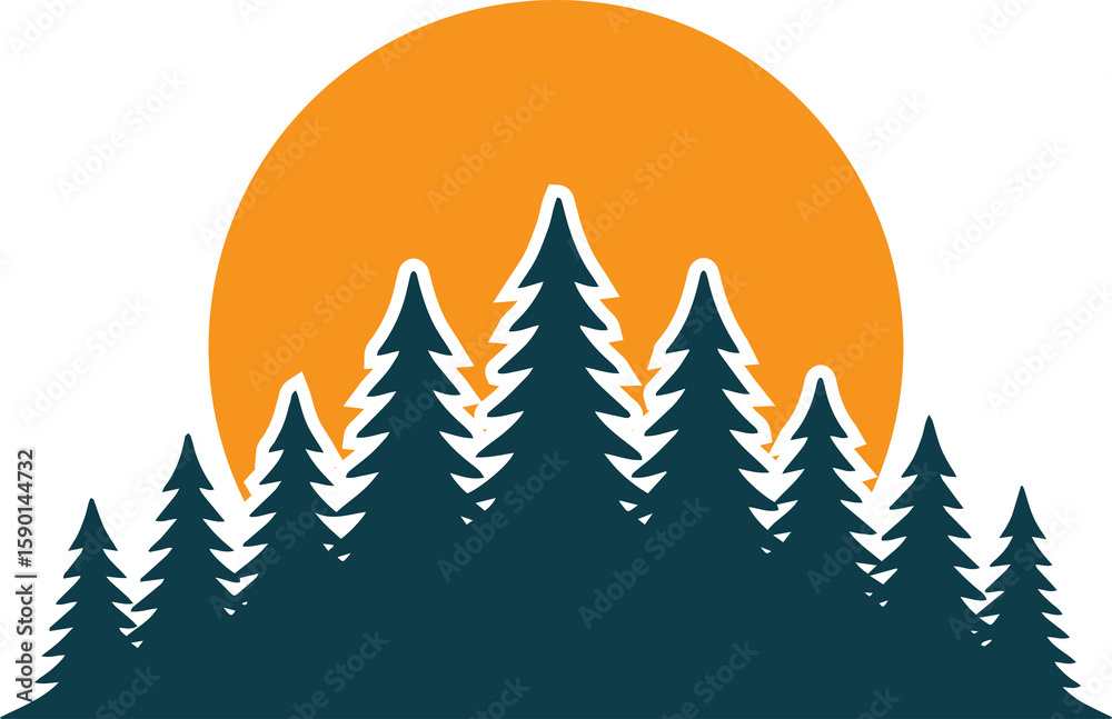 Obraz premium Photo of a vibrant orange sun sets behind a silhouette of evergreen trees, creating a warm natural scene isolated on transparent background