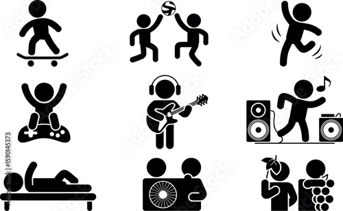 A collection of black stick figure icons depicting various activities and hobbies on a white background