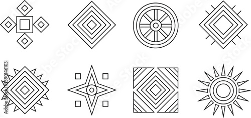 A collection of eight geometric designs featuring squares diamonds circles and star shapes in black outline