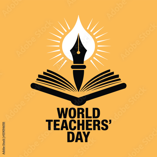 Celebrating World Teachers' Day with a symbolic illustration featuring an open book and a fountain pen nib emitting light, representing knowledge, education, and the impact of educators.