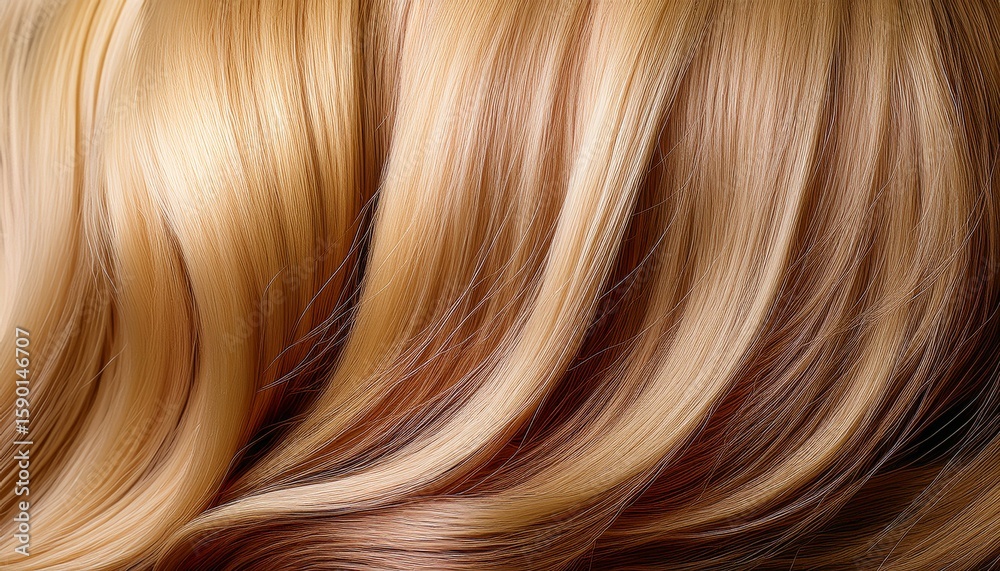 Naklejka premium silky and glossy waves of natural hair displaying rich tones of light brown and blonde capturing the essence of vibrant and healthy hair texture