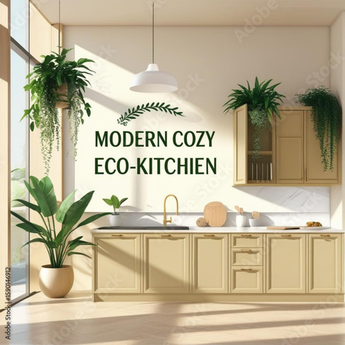 Interior design showcasing eco friendly modern kitchen with plants and natural light for home improvement