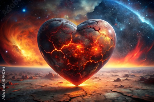 Photo of a cracked, fiery heartshaped planet glows with molten energy against a dramatic cosmic backdrop of nebulae and stars