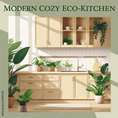 Modern kitchen interior design with plants cozy home decor stylish furniture and bright natural light indoors space