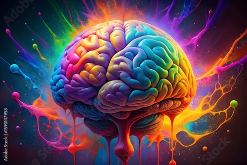 Photo of a vibrant, colorful brain with paint splashes and drips symbolizes creativity and the power of the mind