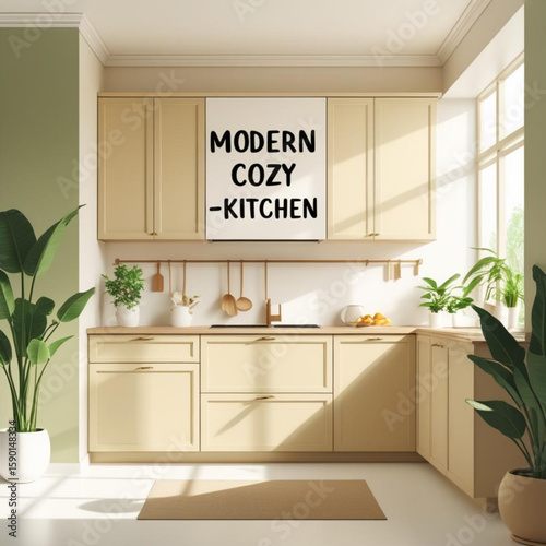 Modern interior design of a cozy kitchen with plants and natural light in a home for cooking and living