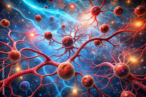 Photo of a vibrant abstract depiction of a neural network with glowing red neurons and blue energy