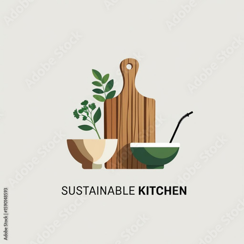 Eco friendly kitchen utensils and fresh herbs for sustainable living concept illustration design idea.