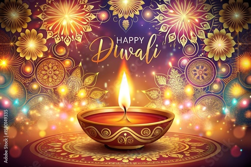 Photo of a lit diya glows brightly in the center of an ornate diwali celebration with colorful lights and patterns