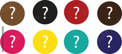 Collection of colorful circles with question marks representing uncertainty and choices