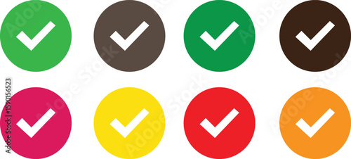 Collection of eight colorful circular checkmark icons for approval and confirmation