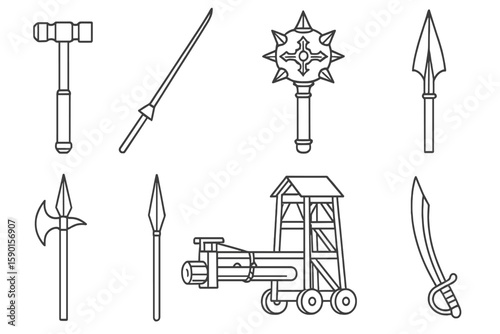 Medieval weapons icon set. historic, warfare icons outline style collection