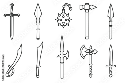Medieval weapons line icon set. swords, axes, and tools in outline style