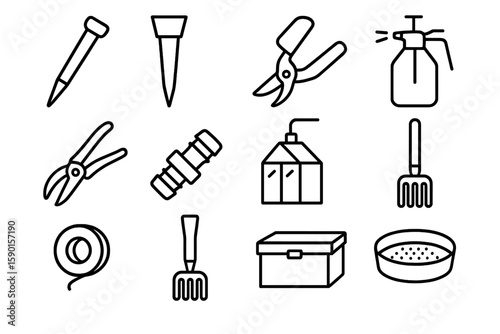 Garden tools outline icon set. essential equipment for gardening enthusiasts