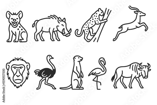 Wildlife line icon set: animals, nature, safari icons collection