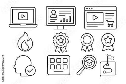 Online learning, education icon set. virtual courses outline icons collection