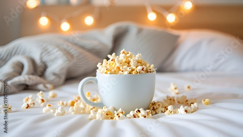 Popcorn in mug on bed with fairy lights cozy movie night snack food and drink concept