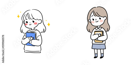 Girl holding book to chest, simple doodle drawing in flat style