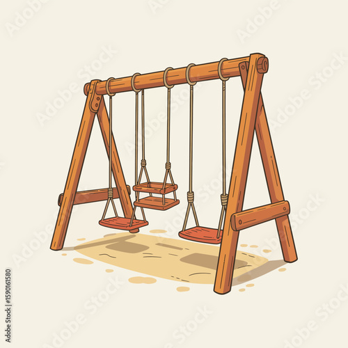 Wooden outdoor swing set with three seats on a sandy surface