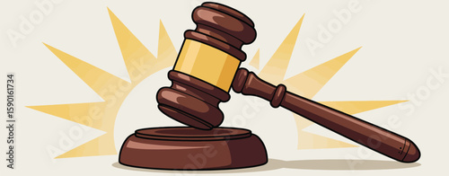 Wooden gavel striking a sounding block with yellow rays in the background