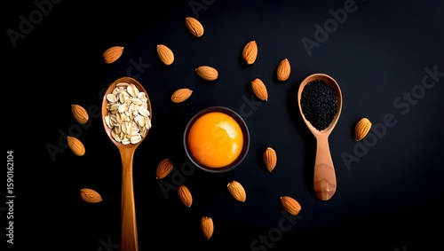 Healthy food ingredients almonds oats and black cumin seeds with egg yolk on black top