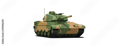 Modern military tank with camouflage pattern and turret mounted machine gun